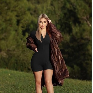 Oqq Women's Jumpsuit Zipper Front Stretch Abdominal Control Yoga Workout Bodysuit