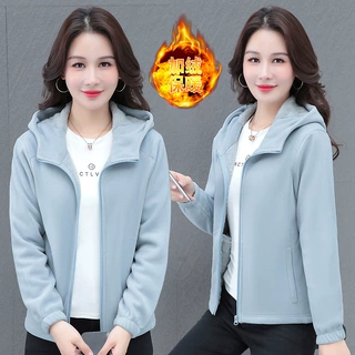 2025秋季新款加绒连帽夹克外套女中年妈妈纯色简约拉链开衫有内袋