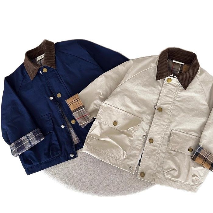 Chaqueta de primavera para niños 2025 nueva chaqueta de color en contraste para niños, chaqueta de herramientas para bebés de moda de algodón puro, estilo occidental femenino