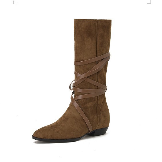 Botas holgadas personalizadas para mujer 2024, punta puntiaguda, con cordones, estilo vintage a media pantorrilla, tacón grueso, por debajo de la rodilla, botas altas versátiles.