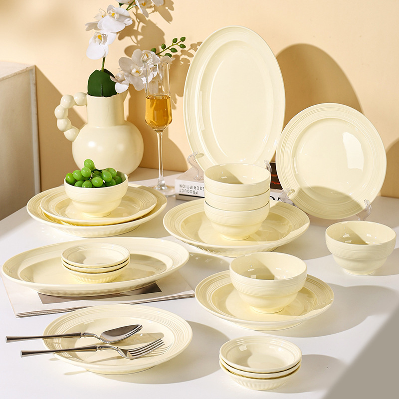 Cream-Style High-End and Good-Looking Household Bowls, Dishes, Chopsticks and Tableware Sets, Embossed Accessible Luxury Ceramic Plates, Housewarming Gifts Cream-Style High-End and Good-Looking Household Bowls, Dishes, Chopsticks and Tableware Sets, Embossed Accessible Luxury Ceramic Plates, Housewarming Gifts