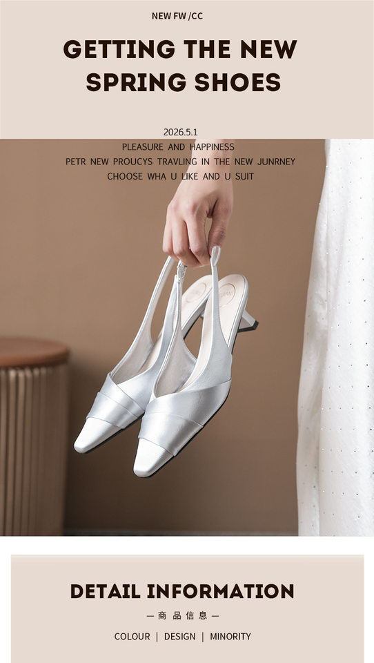 Sandal nữ bít mũi hở gót vải satin mũi vuông gót thấp thanh lịch — Màu bạc, Màu hồng nhạt, Màu trắng ngà chi tiết 2