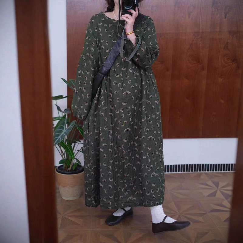 Vintage Artistic Floral Cotton Linen Dress Autumn New Loose Versatile Niche Round Neck Long Sleeve Patchwork Long Dress