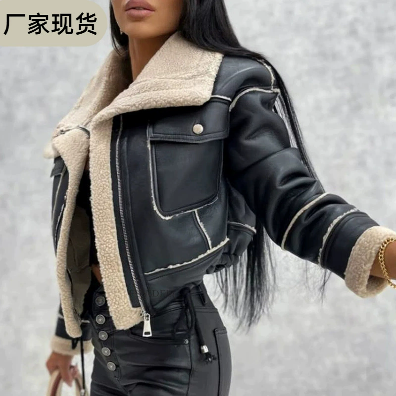 Трансграничная внешняя торговля осенняя и зимняя куртка новая овечья шерсть короткая куртка на молнии машина ветряная куртка топ женский