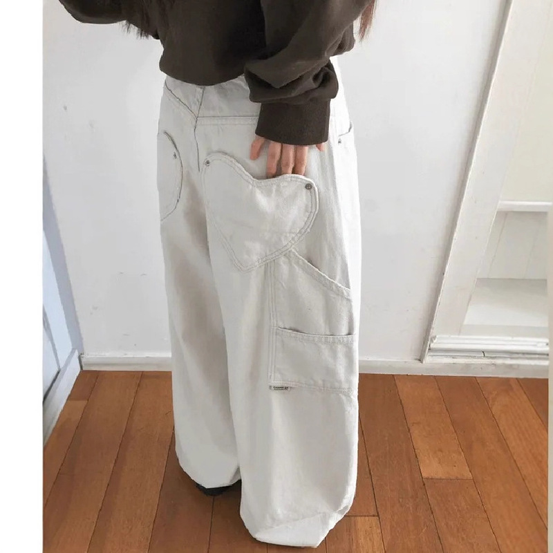 Dongdaemun Ins Street Style Retro Heart Pocket Washed Vintage Versatile Slimming Loose Wide-Leg Casual Jeans Dongdaemun Ins Street Style Retro Heart Pocket Washed Vintage Versatile Slimming Loose Wide-Leg Casual Jeans
