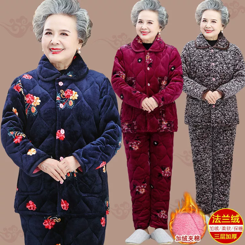 Пижама для бабушки Трехслойная утолщенная домашняя одежда для мамы Костюм из кораллового флиса для пожилых людей Зимняя одежда для пожилых людей на флисовой подкладке Костюм для женщин