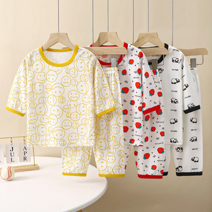 Children's Summer Home Clothes Set, Three-Quarter Sleeves, Light and Breathable Air-Conditioned Clothes for Boys and Girls, Ice-Feel Short-Sleeved Pajamas, Dropshipping