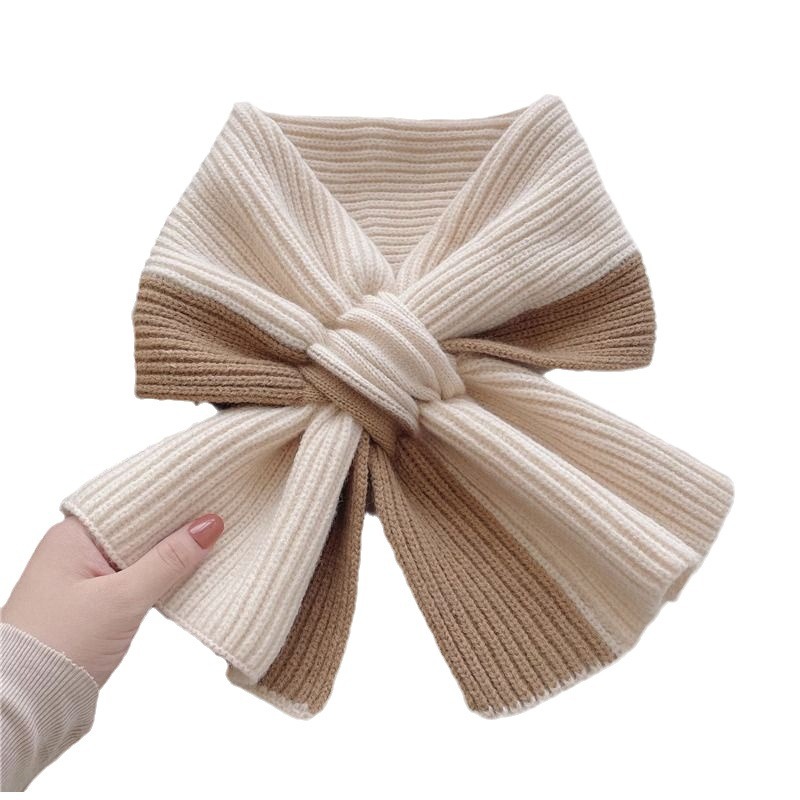New Scarf for Women in Autumn and Winter to Keep Out the Cold and Warm, Color-Blocked Knitted Cross Wool, Versatile, Fashionable and Cute Girl Scarf