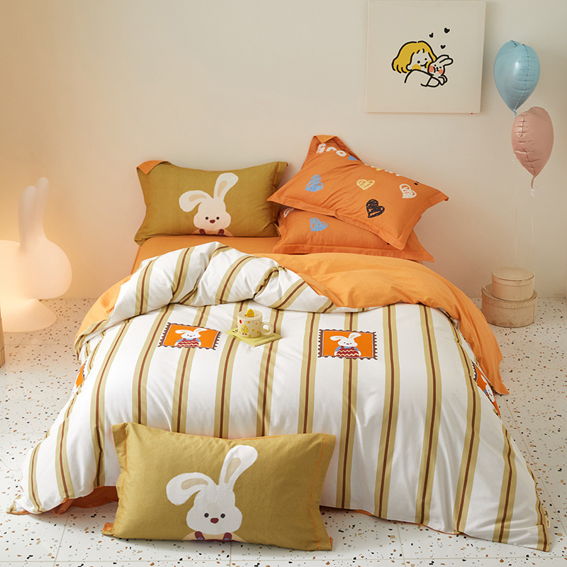 Cartoon Kidsren's Pure Cotton Brushed Four-Piece Set for Boys and Girls Bed Sheetss and Fitted Bed Sheetss for Student Dormitory Bed Three-Piece Set