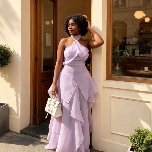 Cross-border light purple halter neck chiffon dress with irregular ruffle layers, waist-cinching evening gown, long dress for European and American foreign trade Cross-border light purple halter neck chiffon dress with irregular ruffle layers, waist-cinching evening gown, long dress for European and American foreign trade