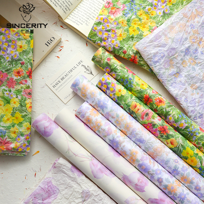 Papel de pera de siete colores, color de aceite, floral 38g, papel de fondo grueso, papel de revestimiento interior, papel amasado a mano, ramo de papel de regalo de flores