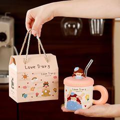 かわいい高颜値レトロ陶磁コップカップルペアカップギフトボックス蓋付きマグカップ男子女子学生お土産