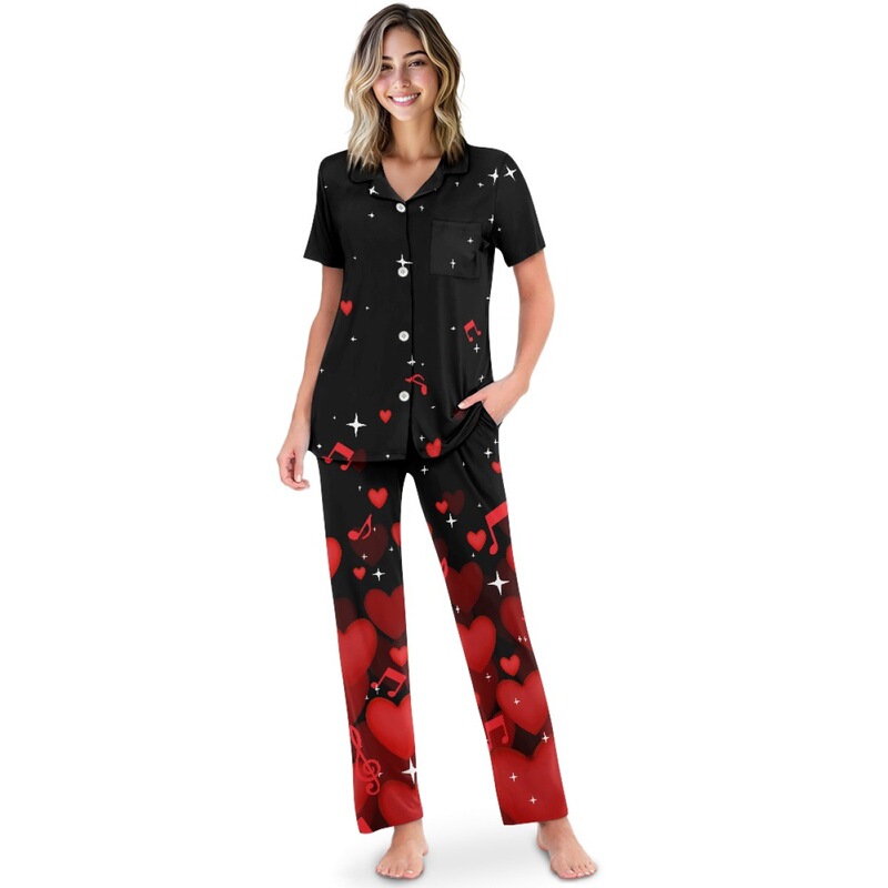 Cross-Border New V Neck Heart Clover Short-Sleeved Pants Pajamas Two-Piece Set Loose Pajamas Home Clothes Starting from One Piece
