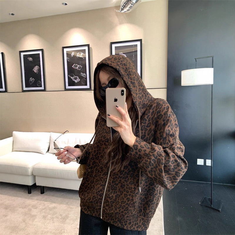 American Retro New Waffle Leopard Print Heart Print Hooded Cardigan Sweatshirt Jacket Loose Long-Sleeved Top for Women