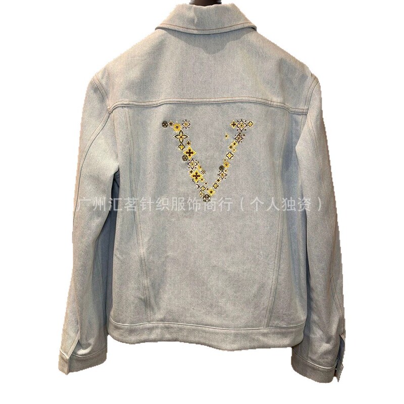 Cross-Border Authentic V Brand Signature Daisy Embroidery Light Blue Washed Denim Zip-Up Jacket High-End Version
