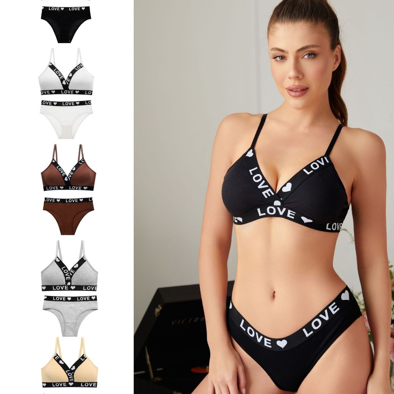 새로운 유럽과 미국 스타일의 국경 간 대외 무역 편지 인쇄 섹시한 가슴 감싸는 삼각형 컵 스레드 브래지어와 팬티 여성용 세트