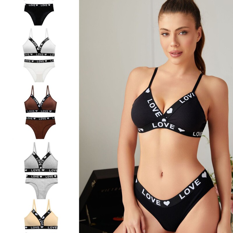 New European and American Style Cross-Border Foreign Trade Letter Printing Sexy Chest-Wrapped Triangle Cup Threaded Bra and Briefs Set for Women