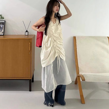 韩国chic夏日新品法式设计感百搭不规则抽绳设计无袖连衣裙两件套