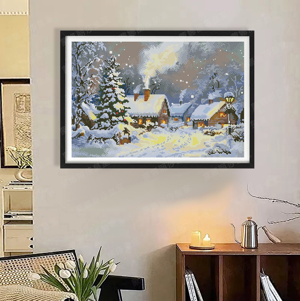 Nuevo cross-border diy impresión de bordado de nieve noche casa caliente de invierno nocturno europea pintura decorativa hecha a mano al por mayor image 2