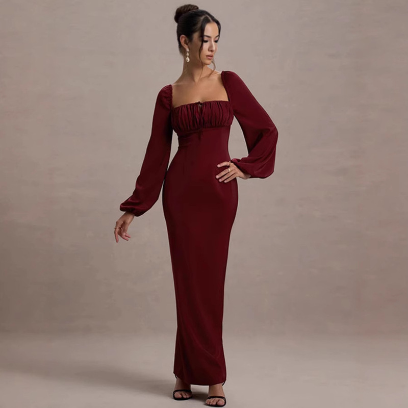 European and American Fashion Elegant Lv Women's Pure Color Lantern Square Collar Long-Sleeved Slim Hip-Hugging Long Skirt Dress European and American Fashion Elegant Lv Women's Pure Color Lantern Square Collar Long-Sleeved Slim Hip-Hugging Long Skirt Dress
