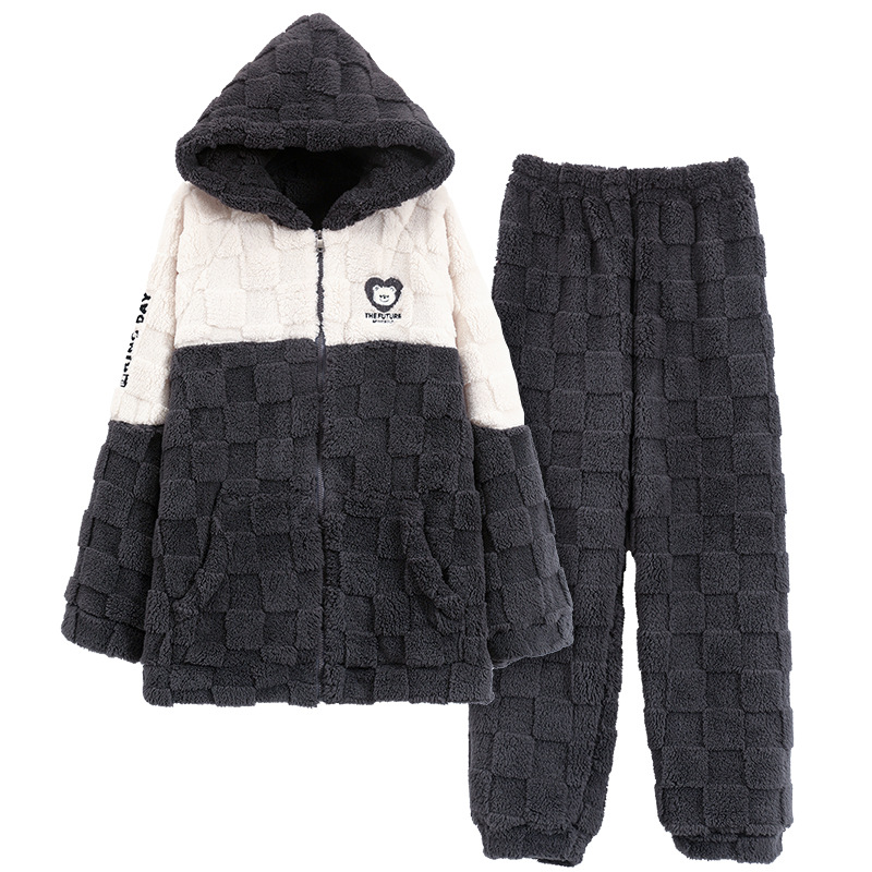 Pijamas Otoño e Invierno de los hombres de lana de coral forrado de lana gruesa caliente con capucha franela suelta más tamaño homewear traje