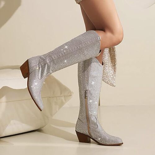Women's Size 35-44 European and American Plus Size Rough Heel High Heel Side Zip Sparkling Boots Fashion Boots X630