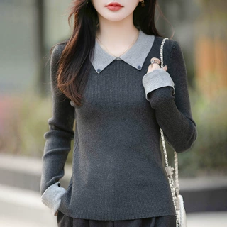 跨境Polo领假两件针织打底衫女秋冬修身短款毛衣女内搭气质长袖针