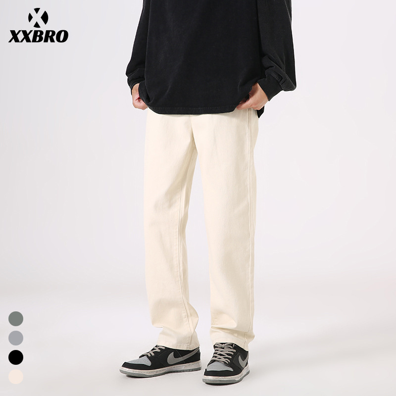 Muxi Clothing # Off-White Loose-Fitting Stretchy Versatile Slim-Fit Jeans Straight-Leg Pants for Men, Fashionable and Casual.
