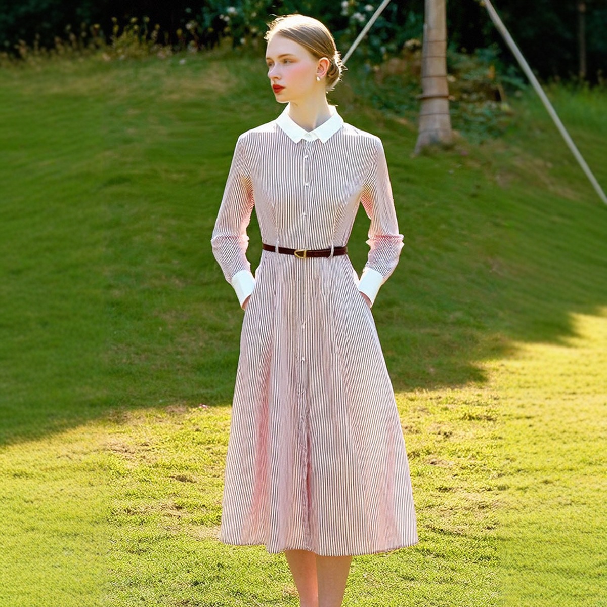 一手货源【傲丝度】品牌专柜撤柜！100棉撞色翻领条纹连衣裙25秋