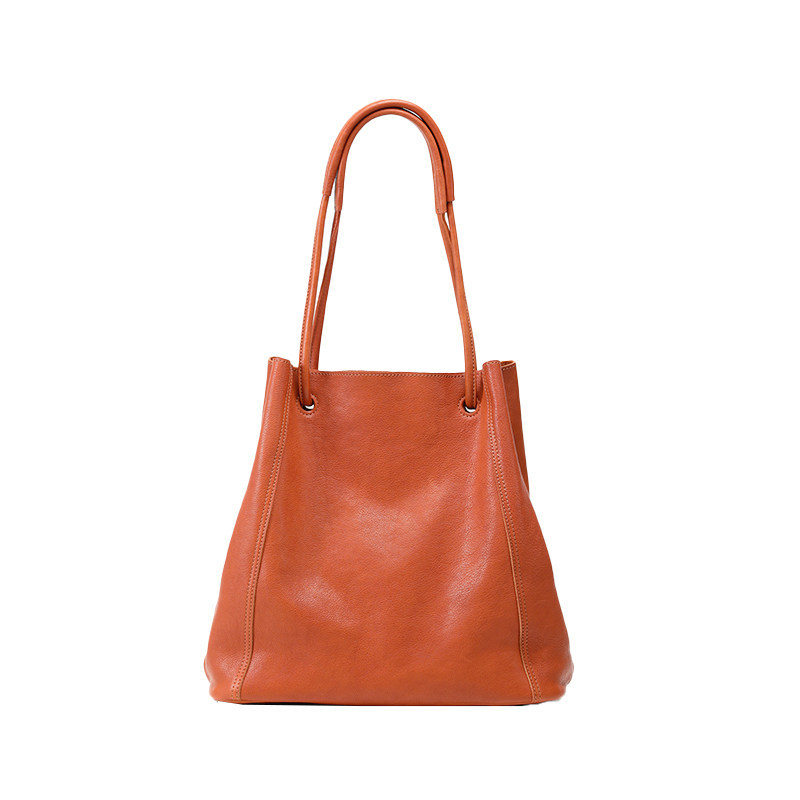 Genuine Vegetable-Tanned Leather Bucket Bag For Women - Crossbody Shoulder Bag, Large Capacity Tote, Vintage Cowhide Leather - Thumbnail 7