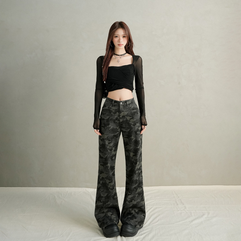 Camouflage Bootcut Jeans for Women 2025 Autumn and Winter New Style Low-Waist Elastic Slimming Look Wide-Leg Horseshoe Flared Pants