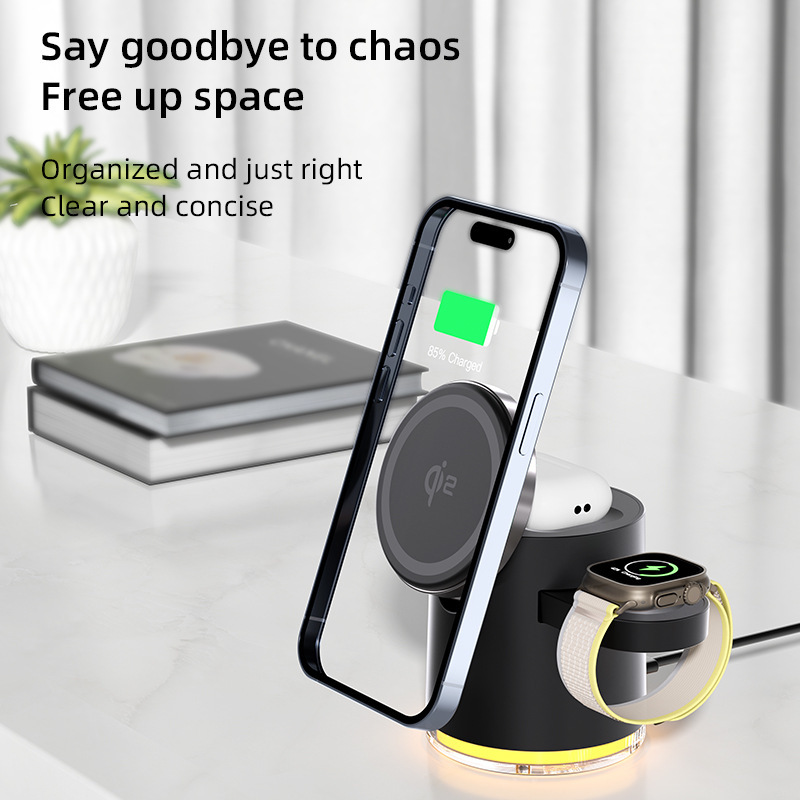 QI2 Certified Desktop Folding Three-in-One Watch Wireless Charger for Apple Watch Headset Holder