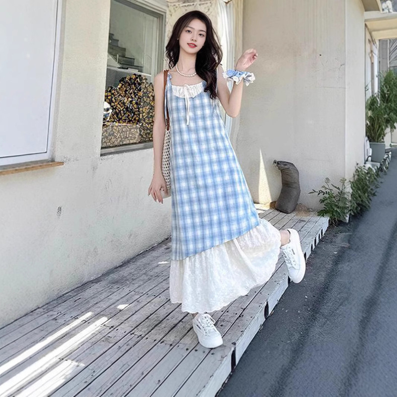 Super Good-looking Slim Fake Two-piece Stitching Red Plaid Slip Skirt Women's Summer 2025 New Loose Small dress