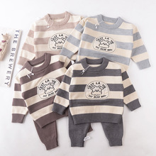 男宝秋装2025婴儿套装条纹分体两件套婴幼儿撞色针织衫毛线衣批发