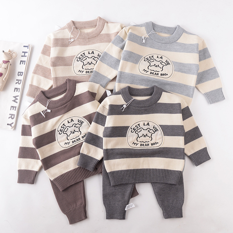 男宝秋装2025婴儿套装条纹分体两件套婴幼儿撞色针织衫毛线衣批发