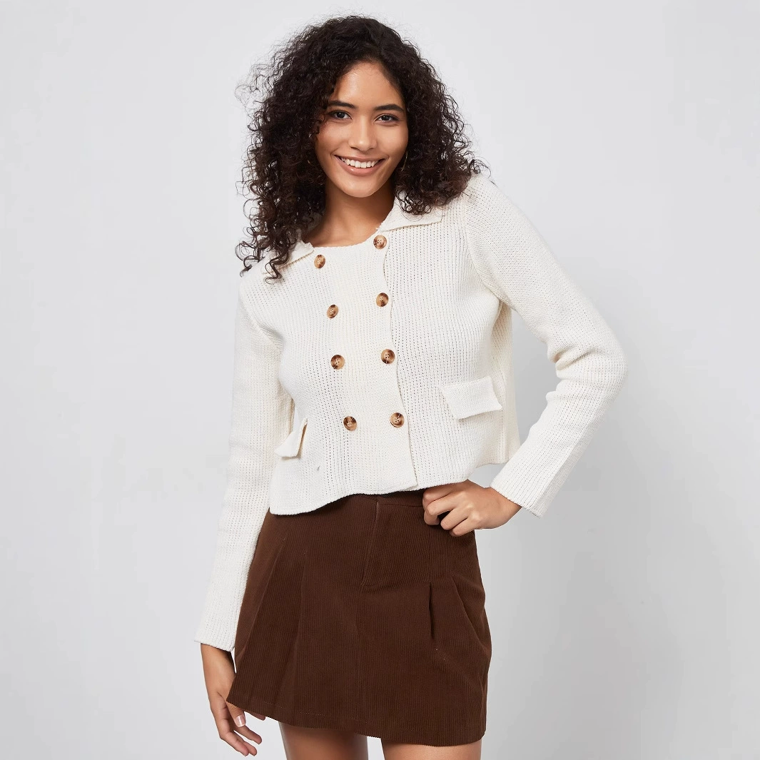 Трансграничная женская одежда оптом европейский и американский стиль моды двубортный трикотажный свитер с отворотом осенью новый кардиган с отворотом