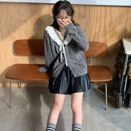 2025新款蕾丝花边领针织毛衣开衫女外套秋冬慵懒风短款上衣
