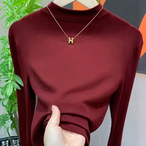 Spring and Autumn New Arrival Long Sleeve Top Half-Turtleneck Base Shirt Solid Color Slim Fit Stretch T-shirt Women's Korean Style Fleece Lined Slimming