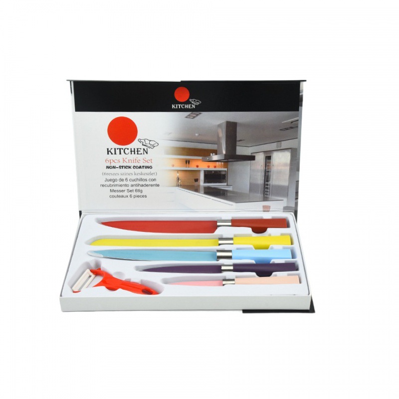 Nuevo cuatro-esquina mango de seis piezas cuchillo conjunto traje Arco Iris color cuchillo de cocina de acero inoxidable cuchillo regalo caja de color al por mayor