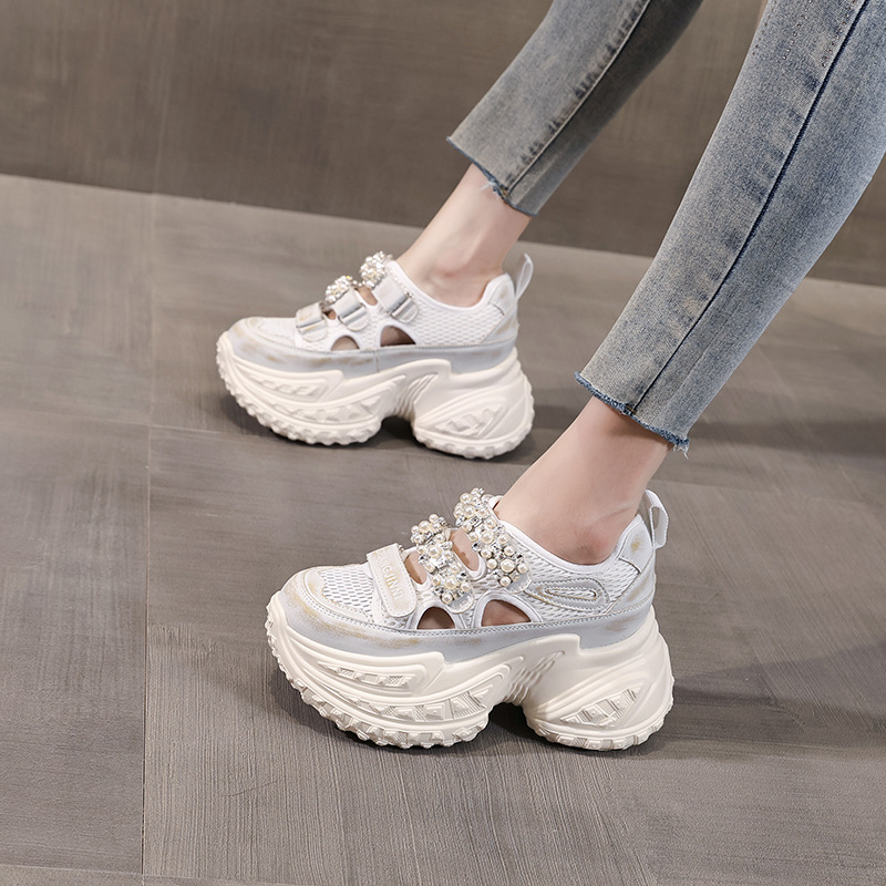 Giày thể thao nữ đế dày tăng chiều cao, lưới thoáng khí đính đá rhinestone — Màu tím