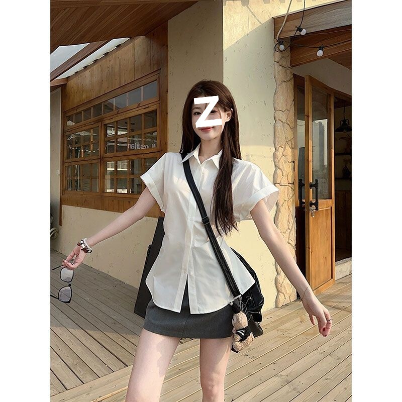 Korean White Polo Collar Short-Sleeved Shirt Women's Summer Pleated Slim Shirt Design Elegant Slimming Look Top Korean White Polo Collar Short-Sleeved Shirt Women's Summer Pleated Slim Shirt Design Elegant Slimming Look Top