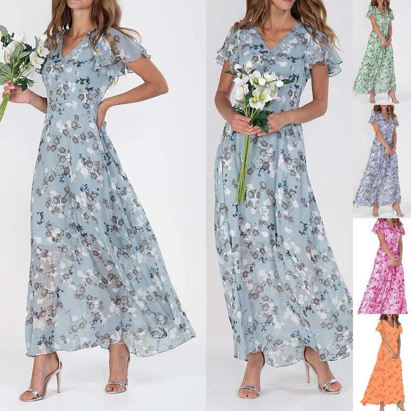 2025 European and American New Style Beach Long Skirt Chiffon Floral Short-Sleeved Ruffled V Neck Fashion Waist Dress