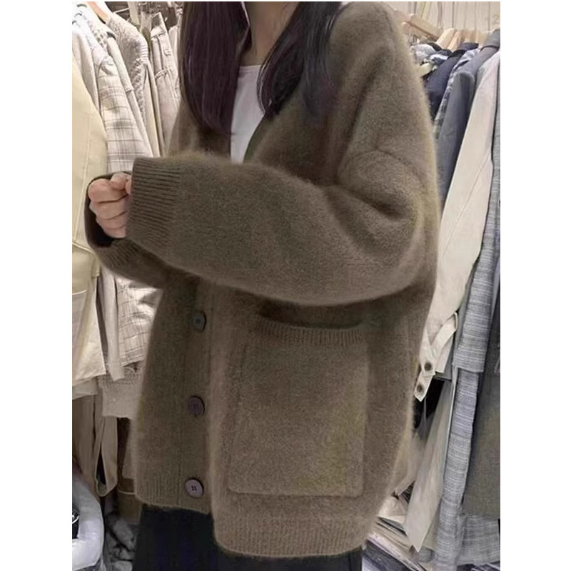 水貂绒毛衣外套女2025秋冬马海毛软糯加厚宽松慵懒风针织开衫上衣|undefined