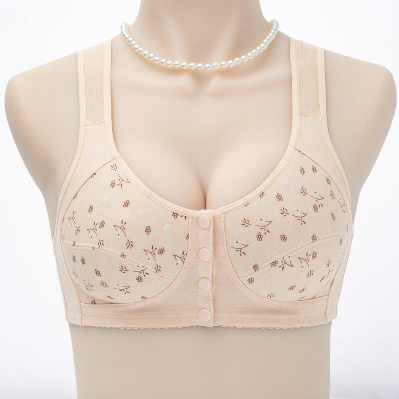 Front buckle printed mother underwear women's soft cotton vest middle-aged and elderly bra plus size wireless underwear women