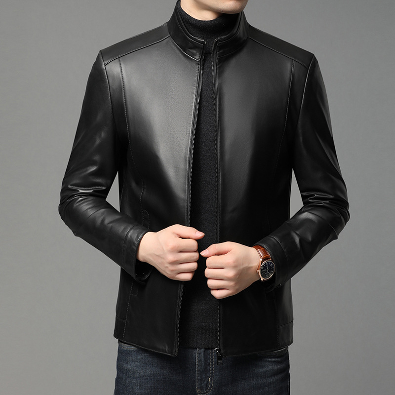 Son Stand collar leather clothing black business affairs leisure time sheep Pippi Jacket 2021 Spring and autumn season mens