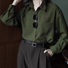 绿色设计感内搭宽松复古港味纯色长袖衬衫女显瘦秋季新款衬衣上衣