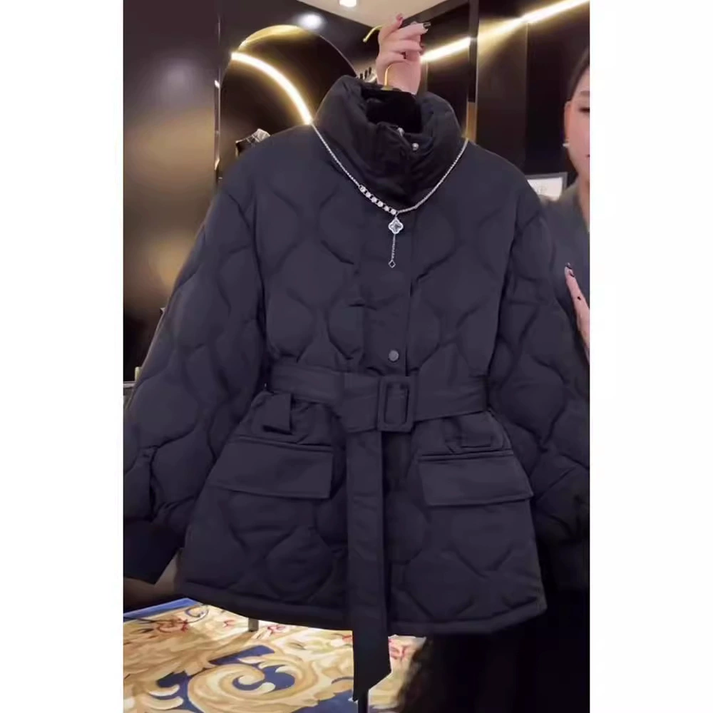 Down Jacket, Black Quilted Belted Coat, Winter Warmth, Sizes S–XL