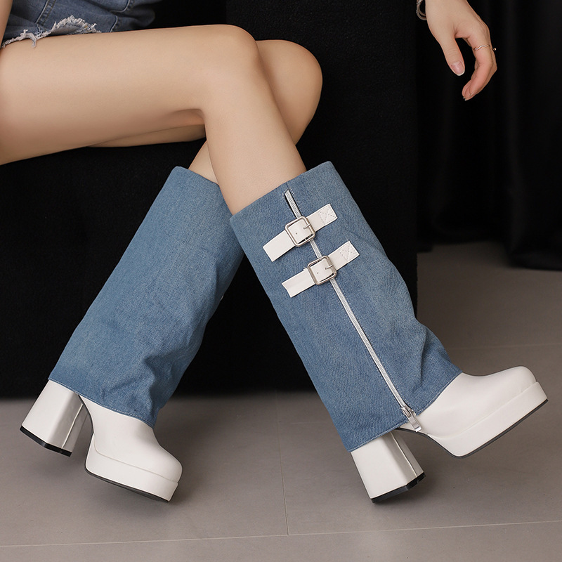 40-50 Foreign Trade Cross-border plus size Women's Boots for Autumn and Winter Independent Station Color-matching Waterproof Platform High Heel Medium Boots and Pants Boots H687 40-50 Foreign Trade Cross-border plus size Women's Boots for Autumn and Winter Independent Station Color-matching Waterproof Platform High Heel Medium Boots and Pants Boots H687