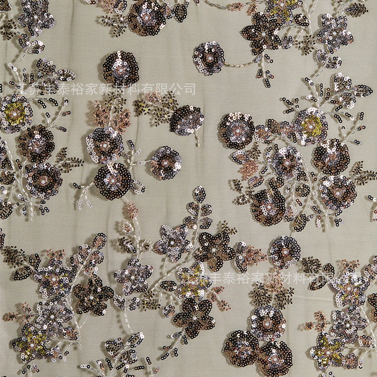 Tejido personalizado bordado sequinado tela bordada tela de cuentas de alta calidad europea y americana bordada malla vestido de plata