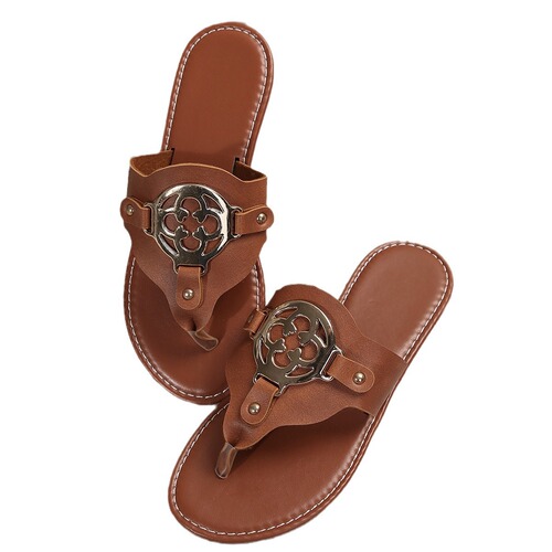 Summer Round-Toe Toe-Tie Metal Buckle Herringbone Slides Fashion Plus Size Flat Cool Slippers
